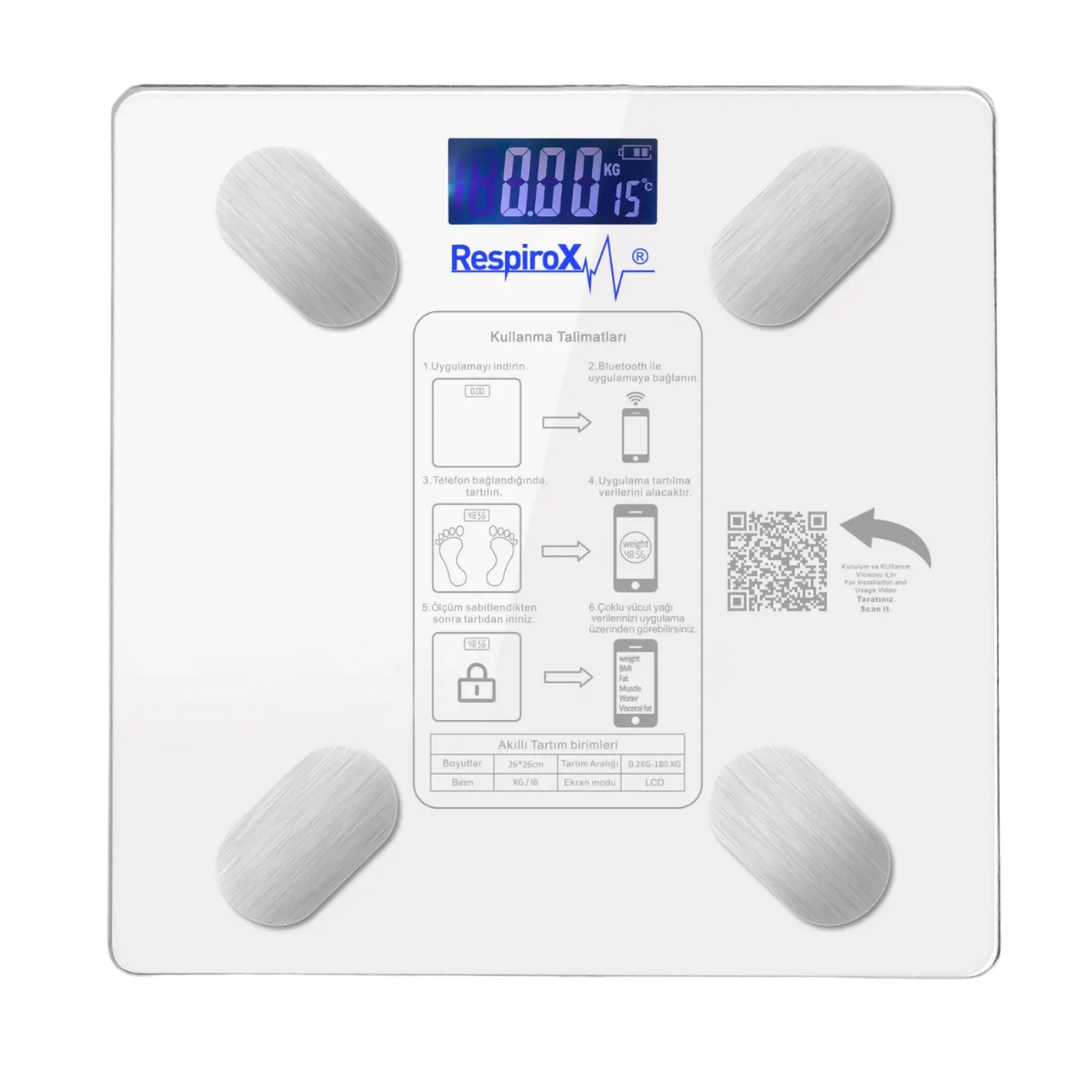 Respirox BL-2601 Akıllı Tartı | Bluetoothlu, 8 Veri Ölçümlü Vücut Analiz Baskülü - Medineral