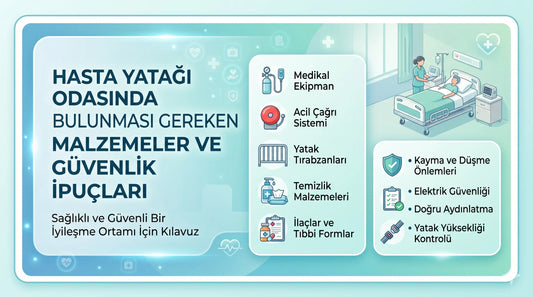 Hasta yatağı odasında bulunması gereken temel tıbbi malzemeler ve güvenlik önlemlerini içeren bilgilendirici infografik banner.