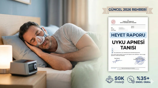 Uyku apnesi heyet raporu belgesi ve CPAP maskesiyle uyuyan hasta görseli