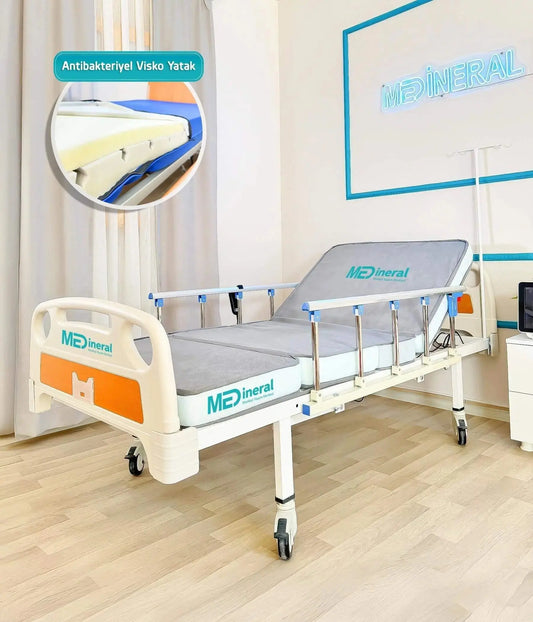 2 Motor Tabanca Korkuluklu Hasta Karyolası | 15 Cm Antibakteriyel Visko Yatak + Alez MEDİNERAL
