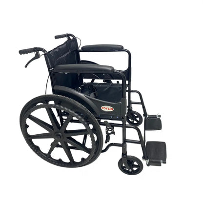Poylin P100S tekerlekli sandalye, detay görünüm, dayanıklı gövde ve ayaklık yapısı